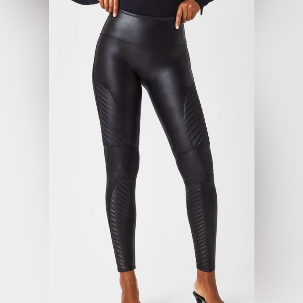 SPANX Faux Leather Black Ribbed Moto Leggings| US SM